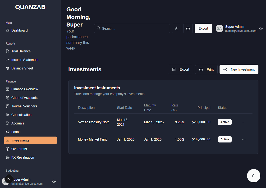 Investments Screenshot