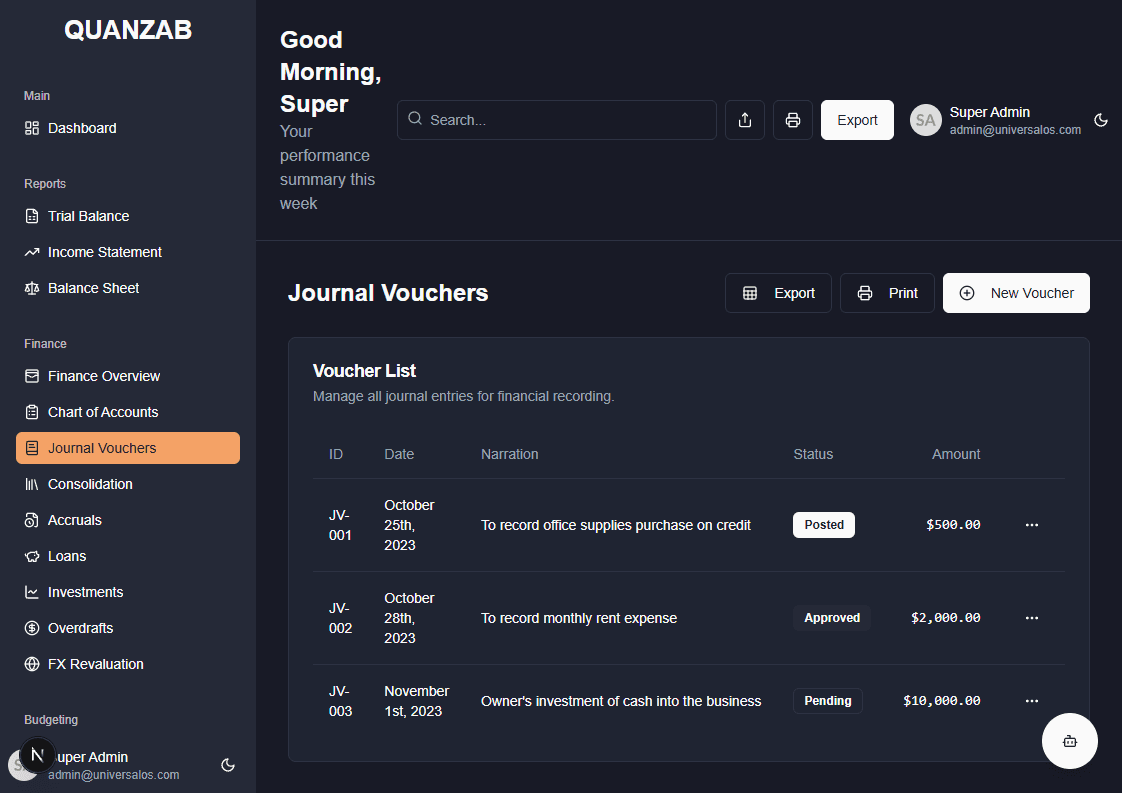 Journal Vouchers Screenshot