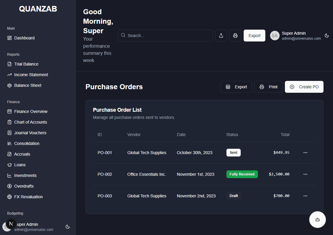 Purchase Orders Screenshot