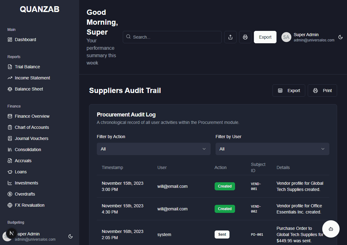 Suppliers Audit Screenshot